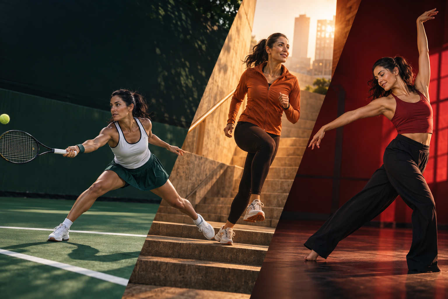 Creative campaign: an adult woman enjoying tennis, outdoor steps and dance.