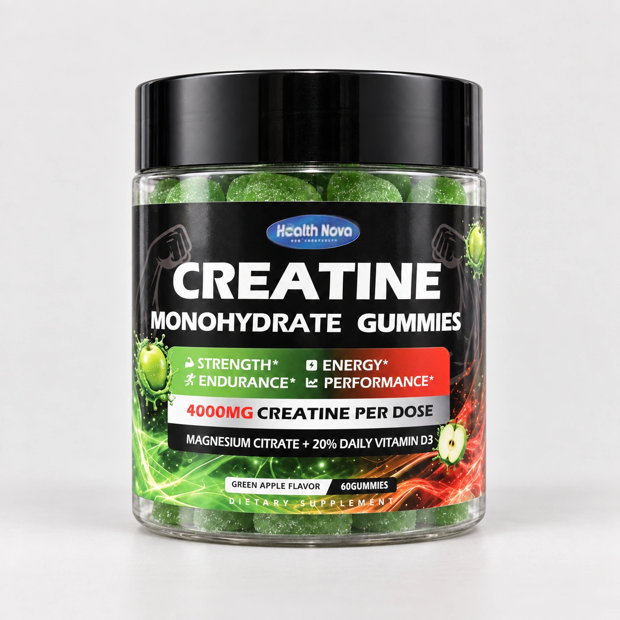 Health Nova Green Apple creatine gummies, 60-gummy jar.