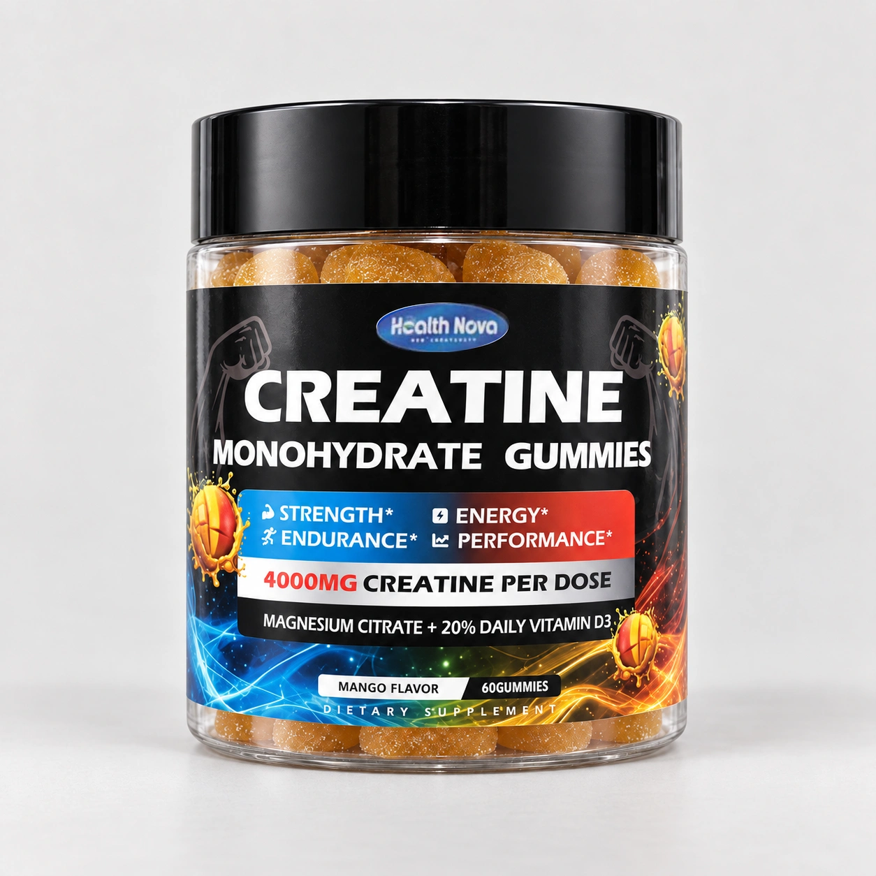 Health Nova Mango creatine gummies, 60-gummy jar.