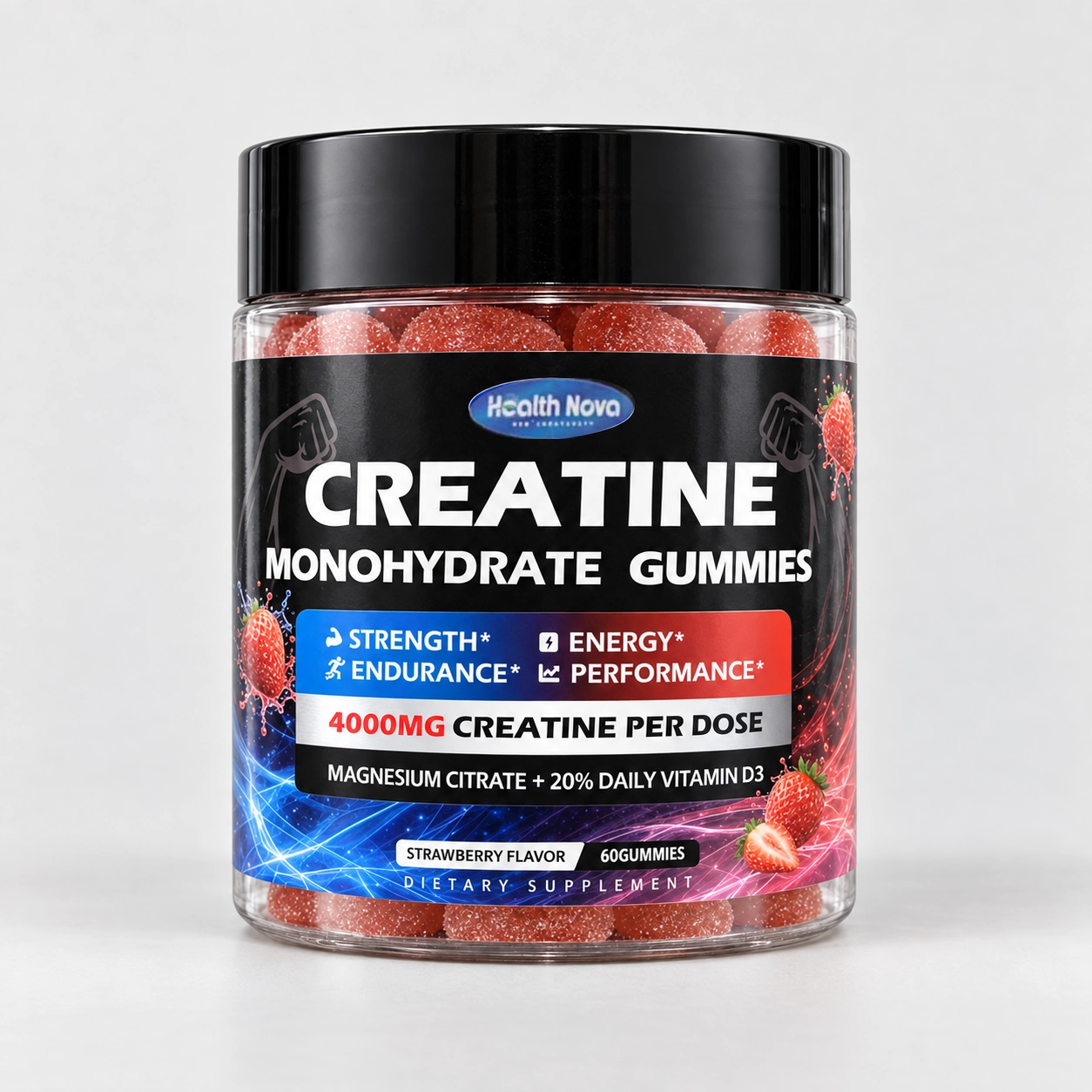 Health Nova Strawberry creatine gummies, 60-gummy jar.